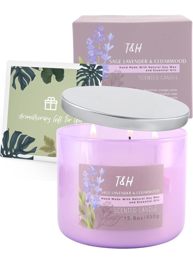T&H Sage Lavender Cedarwood 3-Wick Candle | Large Scented Candle for Home | Calming Fall & Winter Scented Candle | Aromatherapy Lavender Woods Candles for Men & Women 15.8 oz | Sage Citrus Soy Candle - Image 5